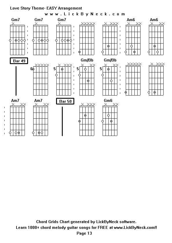 Chord Grids Chart of chord melody fingerstyle guitar song-Love Story Theme- EASY Arrangement,generated by LickByNeck software.